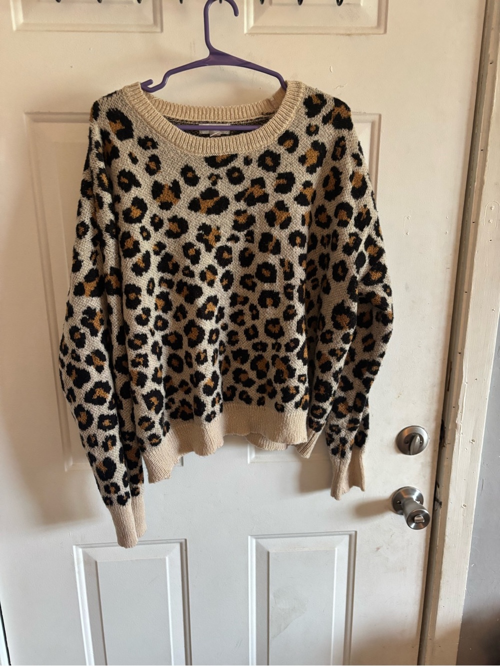 Leopard Print Crewneck Sweater in Cream and Brown